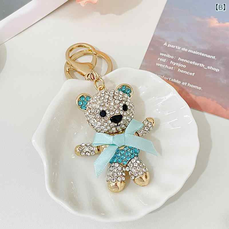 セキュアデポのキーホルダー レディース 韓国風 かわいい 立体 ラインストーン リボン 合金製 クマ バッグチャーム ピンク ブルー パープル 亜鉛合金｜アングル3