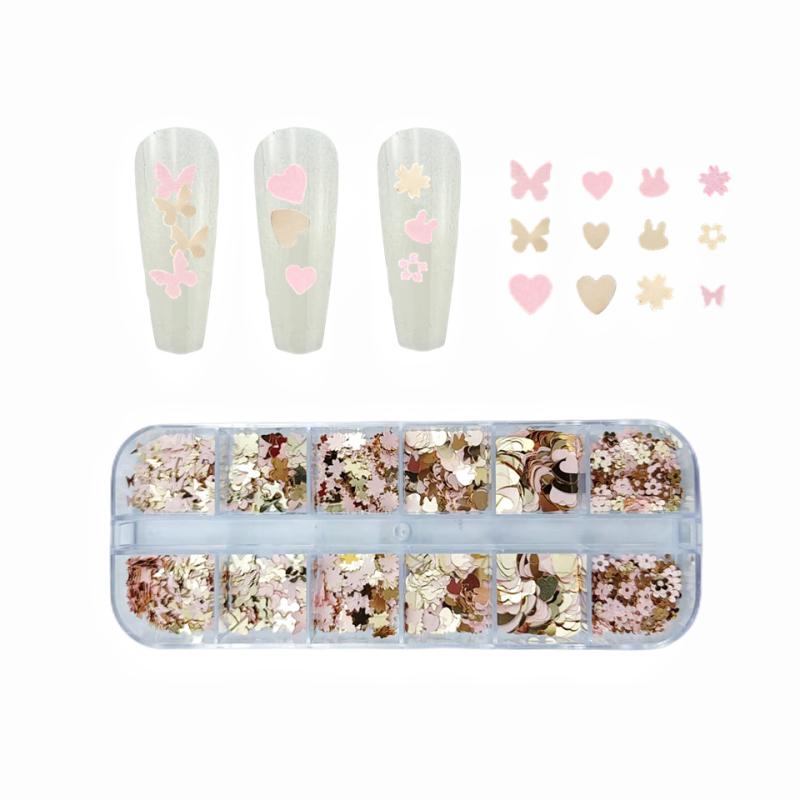 ネイルアートパーツ 12マス ケース入り ピンクゴールド 蝶 うさぎ ハート 桜 シェイプ ラメ グリッター フレーク ホログラム DIY レジン アイメイク デコレーション ハンドメイド キラキラ セルフネイル