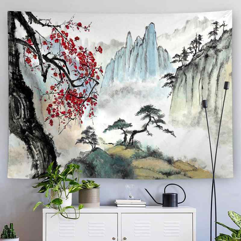 タペストリー 壁掛け ウォールアート 水墨画柄 桜 桜水墨風 ポリエステル製 軽量 丈夫 高精細プリント 北欧風 おしゃれ 室内装飾 インテリア 部屋飾り リビング 寝室 書斎