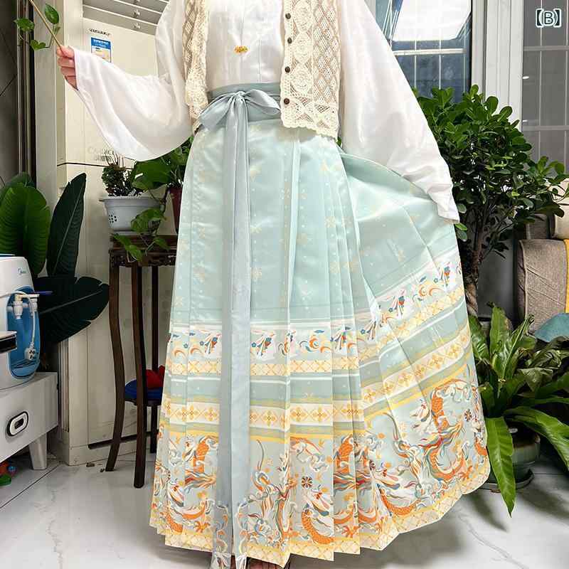 セキュアデポの漢服 日常使い 秋冬 ポリエステル コットン シフォン素材 プリント手描き風 明朝様式 馬面スカート 国風 中国伝統衣装 レッド グリーン ピンク ブルー S M L XL サイズ｜アングル3