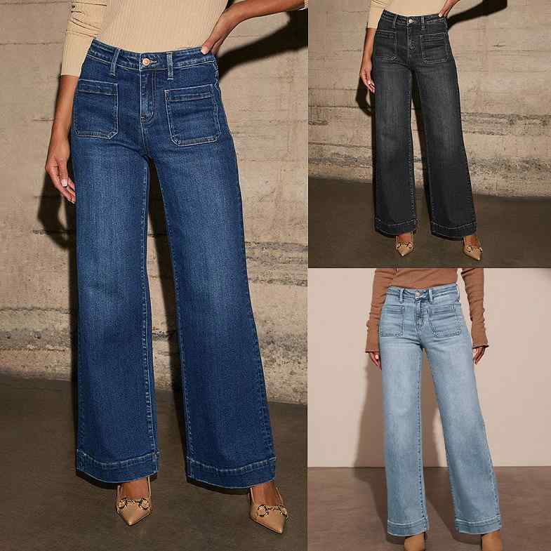 ストレート デニムパンツ レディース ハイウエスト スタイルアップ 細見え ストレッチ ウォッシュ加工 レトロ 上品 きれいめ 通勤用 オフィス カジュアル 大人 オールシーズン