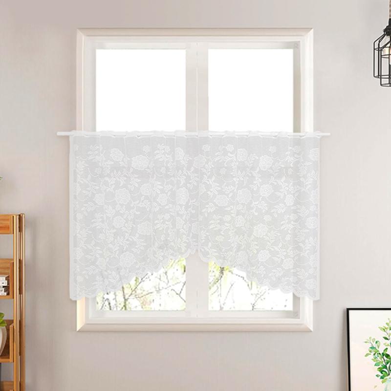 Cotton （Patterned Cloth） - カーテン 半透明 ポリエステル製 モダン シンプル 花柄 既製 カフェカーテン ローマンシェード 小窓 出窓 キッチン リビング ダイニング バルコニー用 田園風 カントリー調 ホワイト 幅160cm 丈80cm