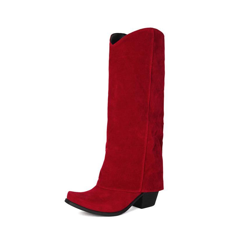 ・カテゴリ: ブーツ・対象: 成人・アッパー素材: スエード・性別: 女性・靴タイプ: ファッションブーツ・筒丈: ハイカット・カラー展開: レッド、ブラック、ブラウン・サイズ展開: 34、35、36、37、38、39、40、41、42、43