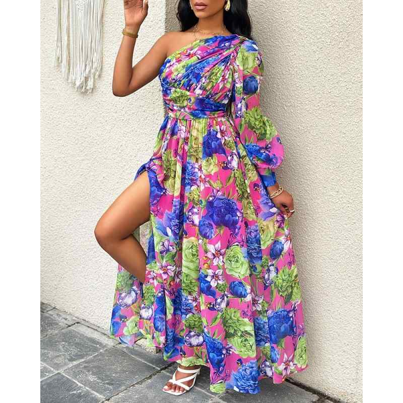 Rakuten - ワンピース レディース オフショルダー ランタンスリーブ 花柄 ロング丈 リゾート セクシー プリーツ 切り替え アシンメトリー フリル 麻 春夏