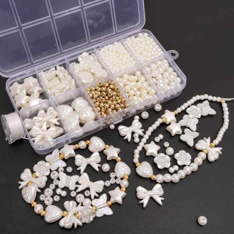 ハンドメイド材料 ABS樹脂製 フェイクパール ベージュ 10区画収納ケース付き ビーズ アクセサリーパーツ ブレスレット ネックレス DIY 手芸 材料キット 約800個入り