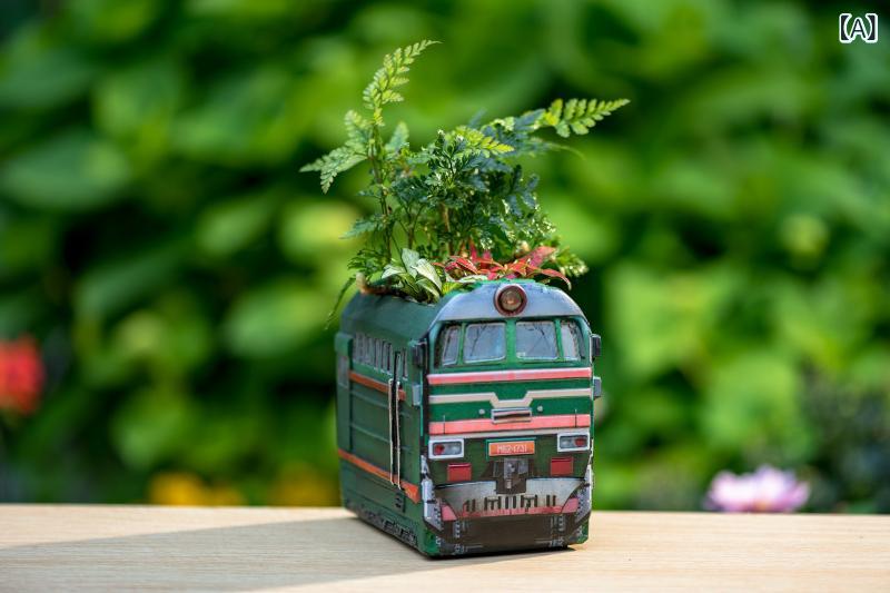植木鉢 レトロ 蒸気機関車 モデル 中国風 緑色 食堂車風 卓上 樹脂製 置物 耐久性 ...