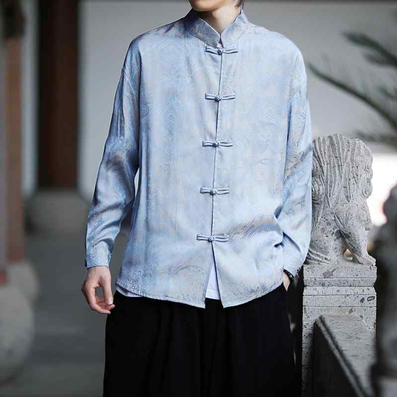 Uramono - シャツ メンズ ゆったり オーバーサイズ 新中国風 レトロ クラシック スタンドカラー 長袖 プリント 中山服デザイン 春秋 男性用 大きいサイズ 綿混 カジュアル 普段着