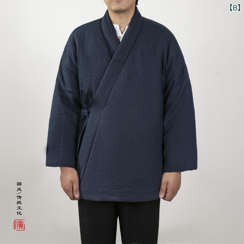 中綿ジャケット メンズ 男性用 冬季 中国風 レトロ 禅テイスト 改良漢服 ミドル丈 コットンリネン 綿麻 カジュアル 普段着 紐付きデザイン 黒 紺