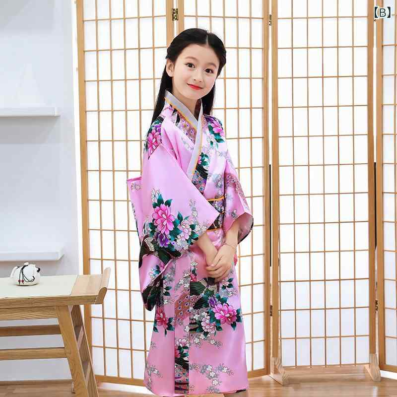 浴衣 キッズ 女の子 桜 孔雀 プリント柄 和風 舞台 衣装 発表会 イベント 演出服 ダンス衣装 バスローブ ガウン 羽織 ルームウェア パジャマ サテン生地 ポリエステル 薄手 軽量 かわいい 春夏 ジュニア向け 3