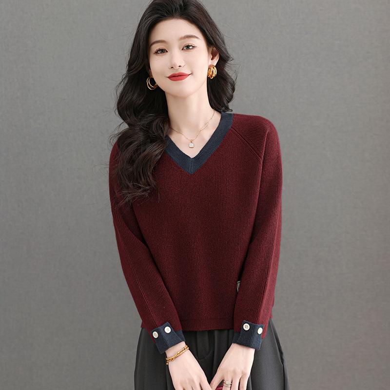 Three-Quarter Knit - ニット レディース 高級感 Vネック 配色 着痩せ効果 毛玉防止 肌に優しい 羊毛 プルオーバー ショート丈 ゆったり 長袖 ミドル丈 通勤 オフィス エレガント きれいめ カジュアルスタイル トップス アウター 快適 上品 おしゃれ 着回し