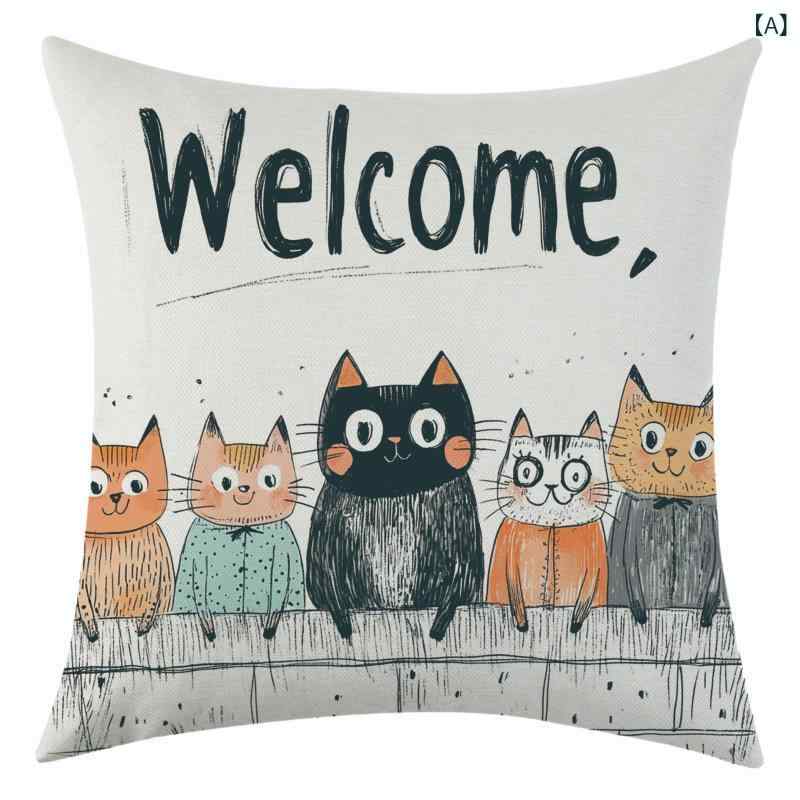 クッションカバー かわいい 猫柄 リネン素材 45×45cm 花柄 おしゃれ モダン シンプルデザイン 家庭用 リビング 寝室 ソファ 車内装飾 抱き枕カバー インテリア 雑貨 アクセント [2]