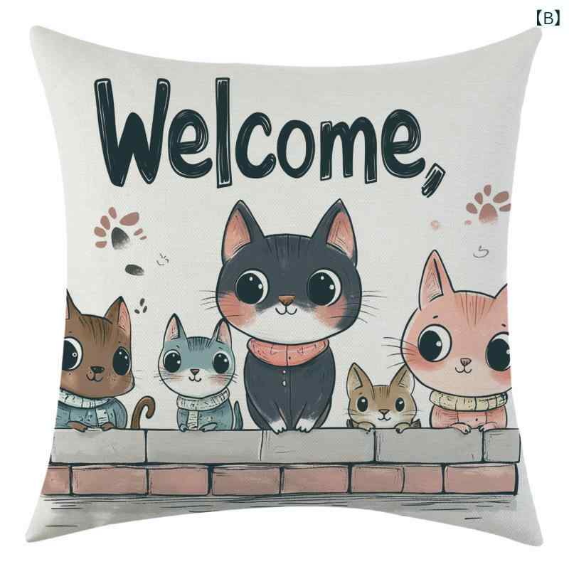 クッションカバー かわいい 猫柄 リネン素材 45×45cm 花柄 おしゃれ モダン シンプルデザイン 家庭用 リビング 寝室 ソファ 車内装飾 抱き枕カバー インテリア 雑貨 アクセント [3]