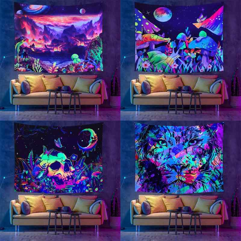 6帖用（261 cm×352 cm） - タペストリー 蛍光 ネオン 光る マッシュルーム きのこ エイリアン 宇宙人 惑星 星 風景柄 壁掛け 背景布 バックドロップ 装飾 インテリア デコレーション テーブルクロス 食卓カバー ポリエステル製 ヨーロピアン おしゃれ