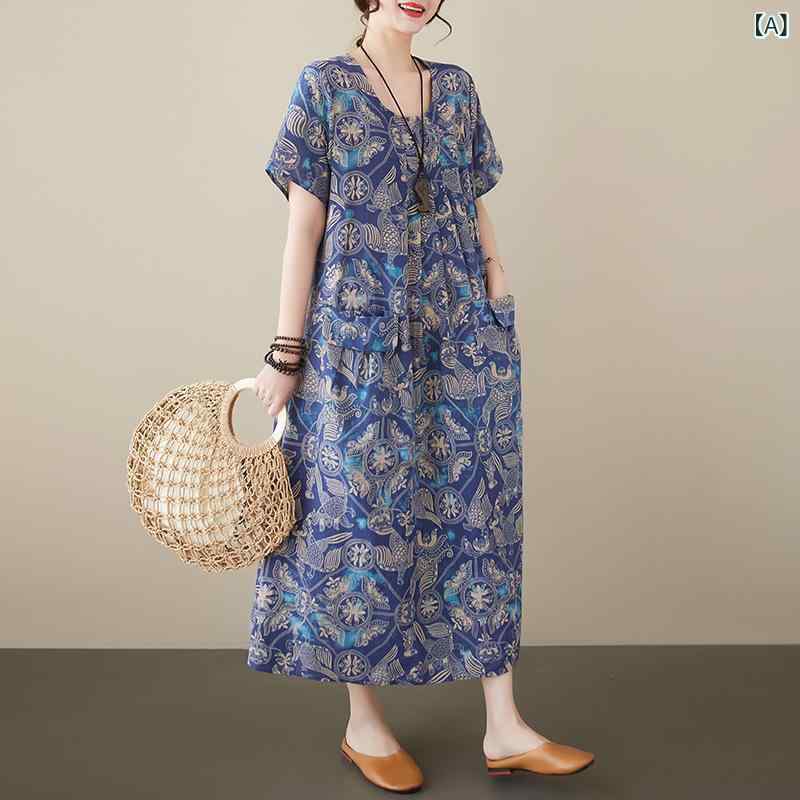 セキュアデポのワンピース レディース 春夏 ゆったり 大きいサイズ 体型カバー 部屋着 レトロ 綿麻 コットンリネン プリント柄 ポケット付き ロング丈 マキシ丈 丸首 ラウンドネック 半袖｜アングル2