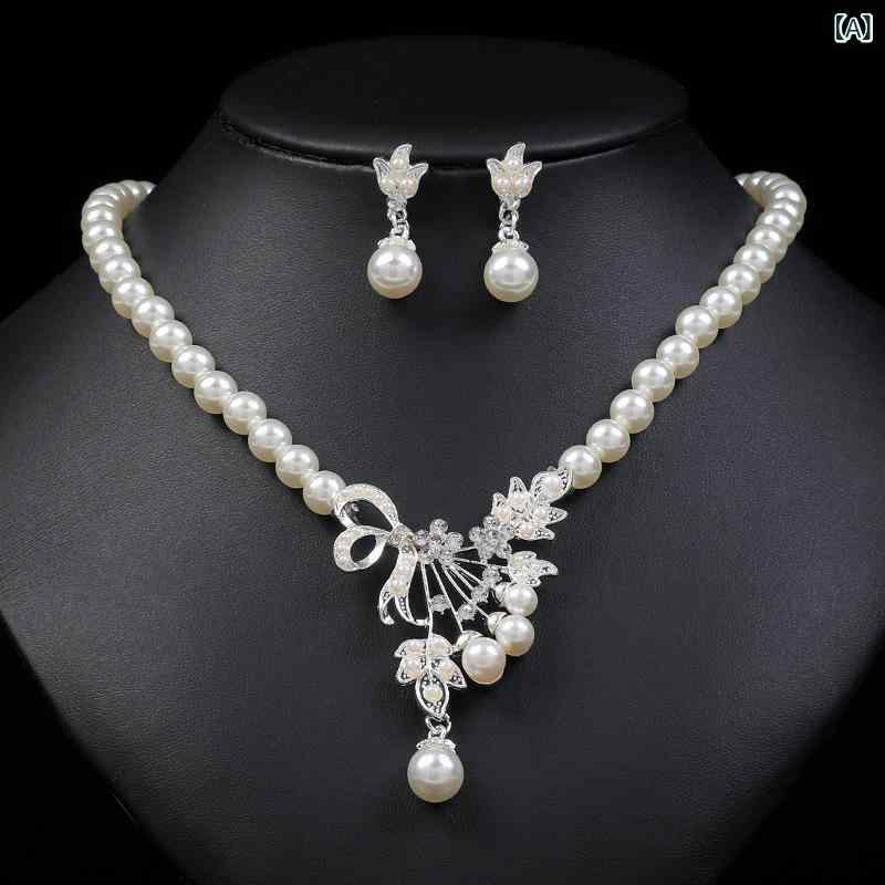 Women's Jewelry Set: Necklace and Earrings (2-piece set) - Pearl Motif, Alloy, Waterdrop, Flower Motif - Elegant and華やかな (Glamorous) - Perfect for Weddings, Bridal Events, Formal Occasions, Parties, and Special Occasions - Gold and Silver