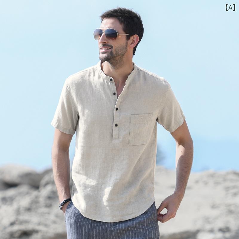 Tシャツ メンズ 男性用 半袖 ヘンリーネック 接触冷感 吸湿速乾 薄手 通気性 麻 再生繊維 ポリエステル混紡 ベーシック トップス カジュアル 普段着 部屋着 スリムフィット 春夏