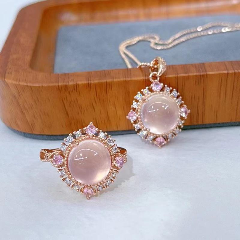 Jewelry Set for Women: Ring and Pendant Top, Sterling Silver 925, 18K Gold Plated, Pink Quartz, Electroplated, Hypoallergenic, Cute 2-Piece Set