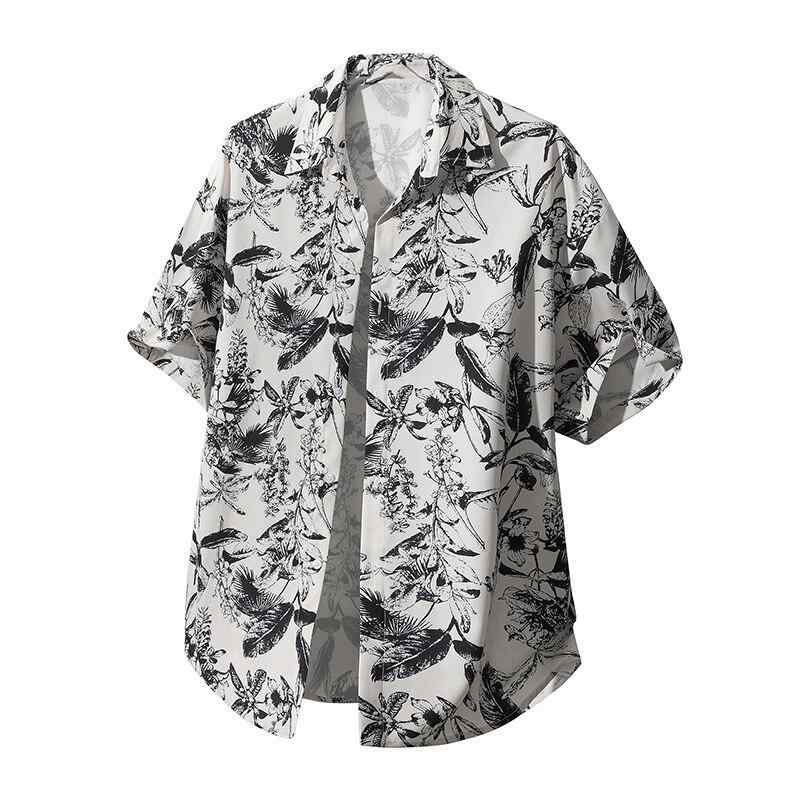 樂天商城 - ブラウス レディース 接触冷感 新チャイナ風 エレガント アシンメトリー リーフ柄 織り柄 大きいサイズ ゆったり オーバーサイズ 半袖 綿混 襟付き ドロップショルダー 前開き シャツアウター 黒 春夏