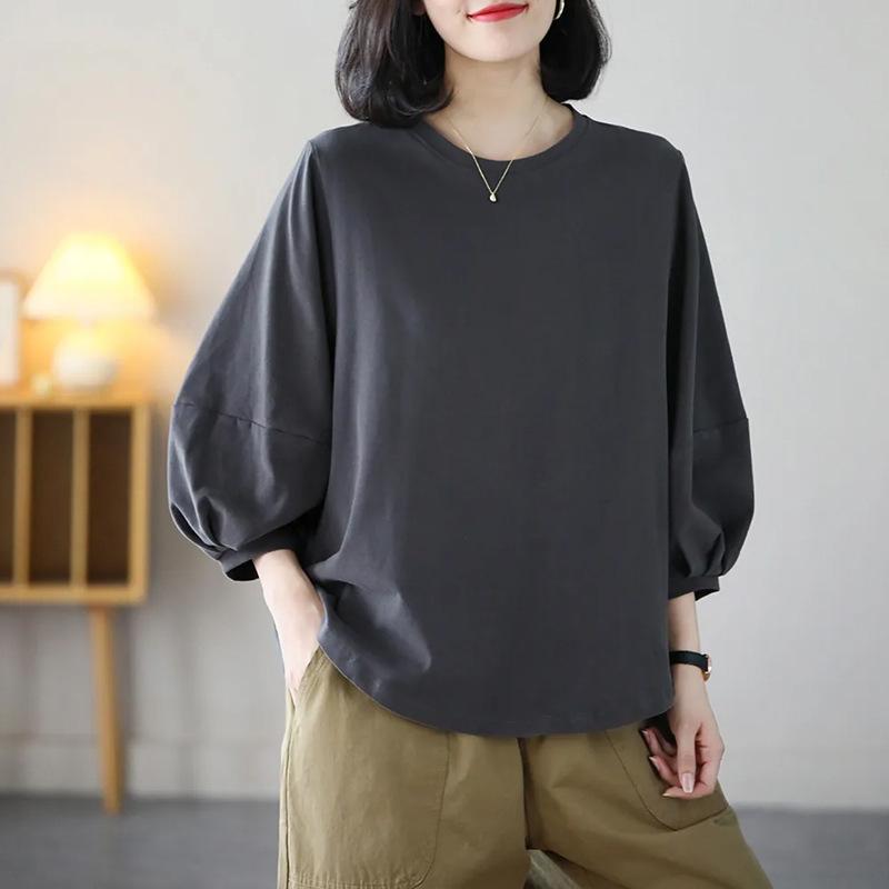 Tシャツ レディース カットソー 七分袖 ランタンスリーブ 丸首 レトロ きれいめカジュアル 着回し抜群 若見え 快適 通勤スタイル ポリ..