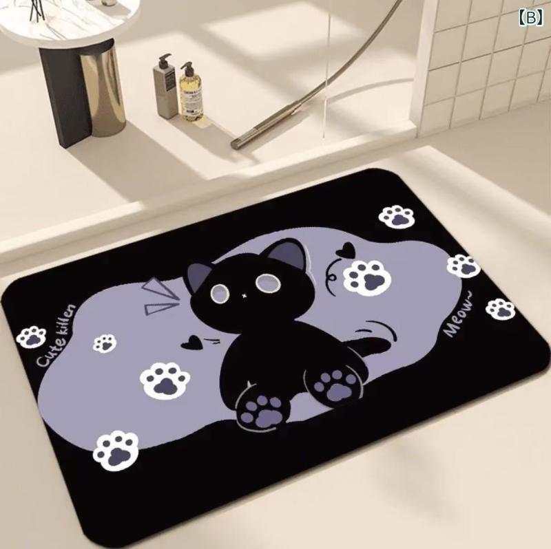 バスマット 吸水 速乾 滑り止め かわいい 猫柄 キャラクター 紫色 珪藻土 お風呂 浴室 洗面所 脱衣所 玄関 キッチン リビング トイレ 足拭きマット スクエア 長方形 洗える