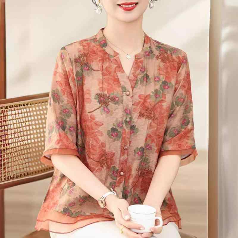 Unisex Casual Wear - ブラウス レディース ママ 中高年 春夏 綿麻素材 半袖 ゆったり トップス 体型カバー 薄手 涼しい 上品 エレガント Tシャツ オレンジ レッド