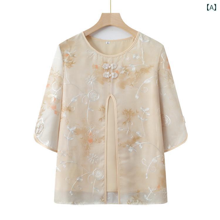 Tシャツ レディース ミセス シニア 春夏 薄手 涼しい ゆったり 重ね着風 フェイクツーピース 七分袖 シフォン ブラウス 花柄 大人カジュアル 体型カバー プルオーバー secure-depo-11228582 セキュアデポ サンプル画像2