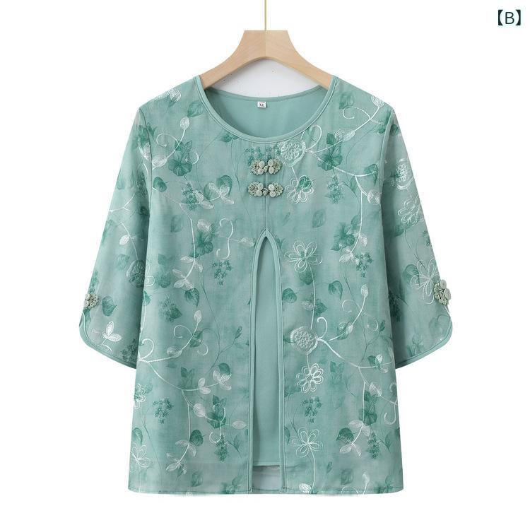 Tシャツ レディース ミセス シニア 春夏 薄手 涼しい ゆったり 重ね着風 フェイクツーピース 七分袖 シフォン ブラウス 花柄 大人カジュアル 体型カバー プルオーバー secure-depo-11228582 セキュアデポ サンプル画像3
