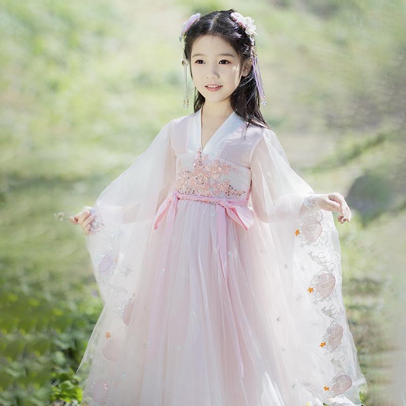 Yukata （Boys） - 漢服 女の子 中国風 古風 唐装 エレガント 仙女風 ゆったり袖 夏物 ポリエステル混紡 柔らかい 肌触り良い ピンク ブルー プリンセス風 衣装