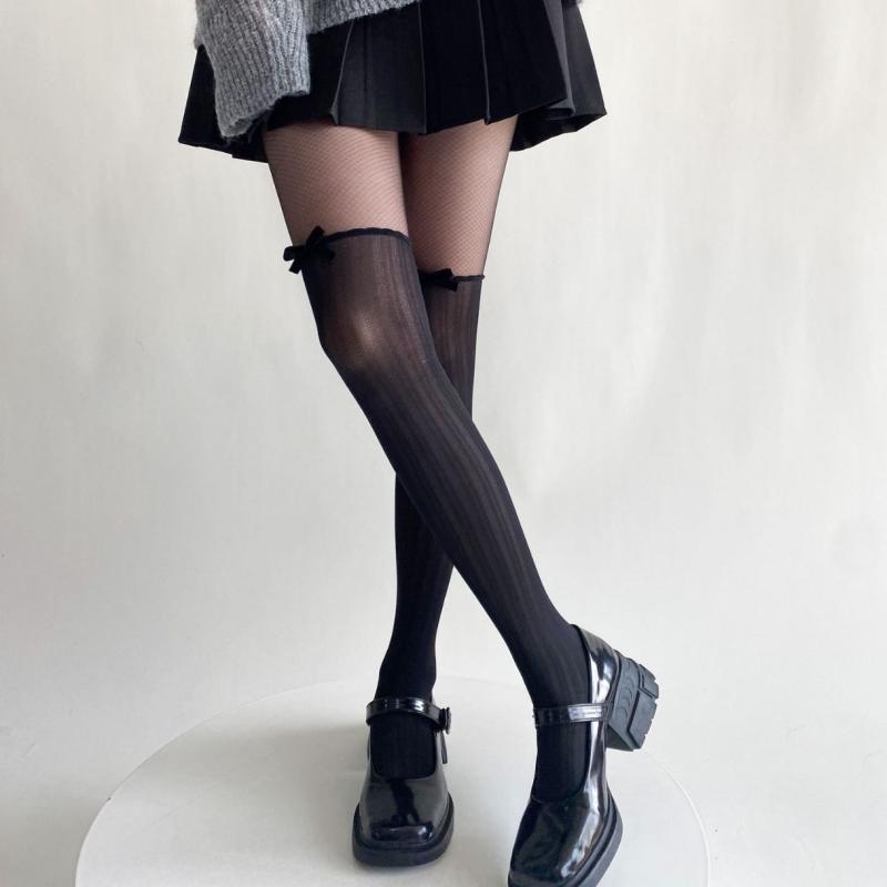 パンティストッキング レディース 薄手 シアー メロウフリル ベロアリボン メッシュ切り替え 地模様 純欲風 ナイロン オールシーズン オフホワイト ブラック 美脚 補正効果