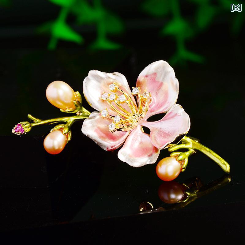 ブローチ レディース 植物モチーフ 桃の花の枝 パール パール エレガント 上品 フ...