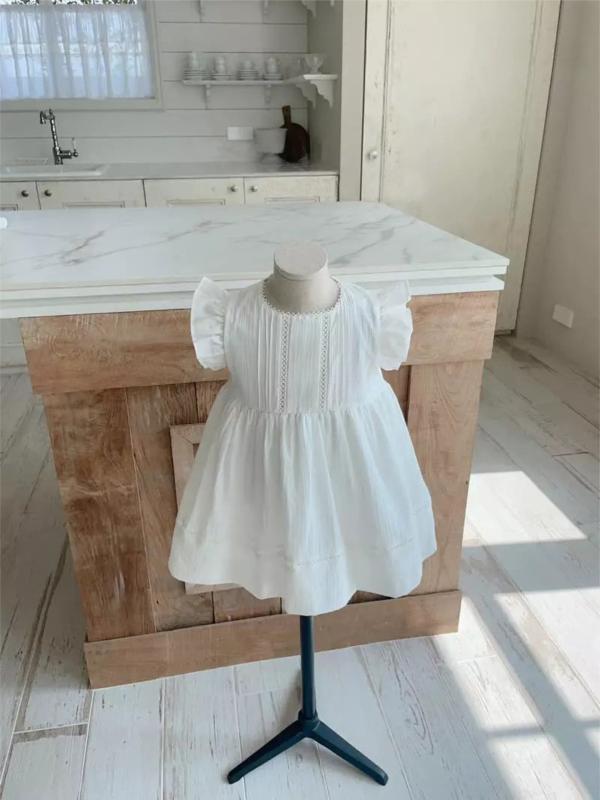 ワンピース キッズ 女の子 ベビー 女児 幼児 夏用 薄手 レース フリル袖 プリンセス 綿 韓国風 半袖 ホワイト アプリコット 1歳 2歳 3歳 4歳 80 90 100cm