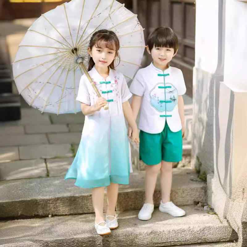 キッズ 男の子 女の子 漢服 中国風 ワンピース ドレス 薄手 柔らかい肌触り コットン かわいい 春夏 花柄 発表会 舞台 イベント 衣装