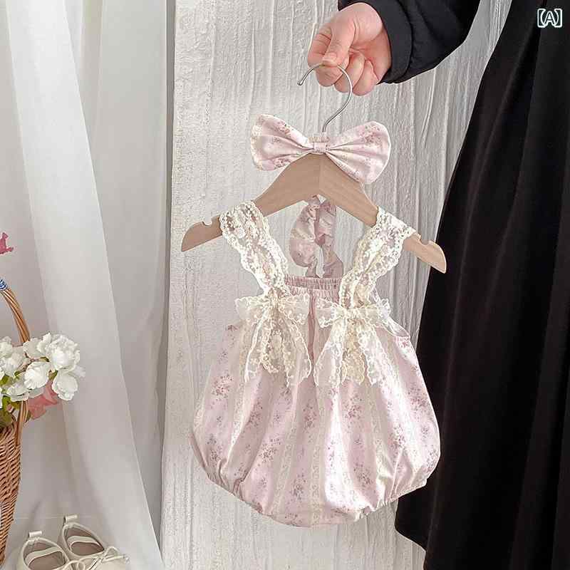 ロンパース 女の子 ベビー 夏用 薄手 綿100% 優しい肌触り 小花柄 レース リボンス...