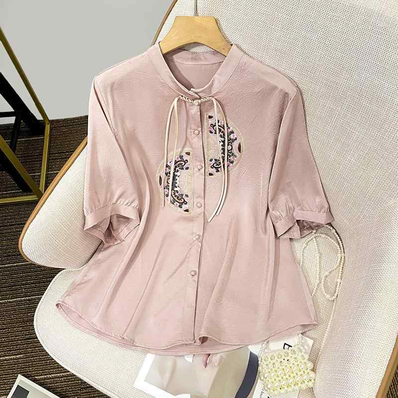 シャツ レディース 春夏 半袖 再生繊維 綿麻 凝った刺繍 ラウンドネック ゆったり 大きいサイズ エレガント きれいめ 通勤 チャイナ風 ブラウス ホワイト アプリコット