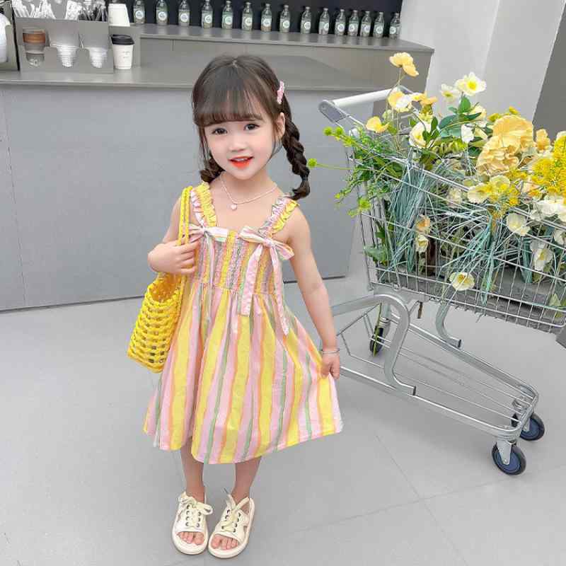 ワンピース 女の子 ベビー キッズ 子供 キャミソール 吊りスカート プリンセス風 スイート おしゃれ かわいい 夏 ストライプ 切り替え 綿混 ポリエステル混紡 柔らか素材 カラフル お出かけ 部屋着