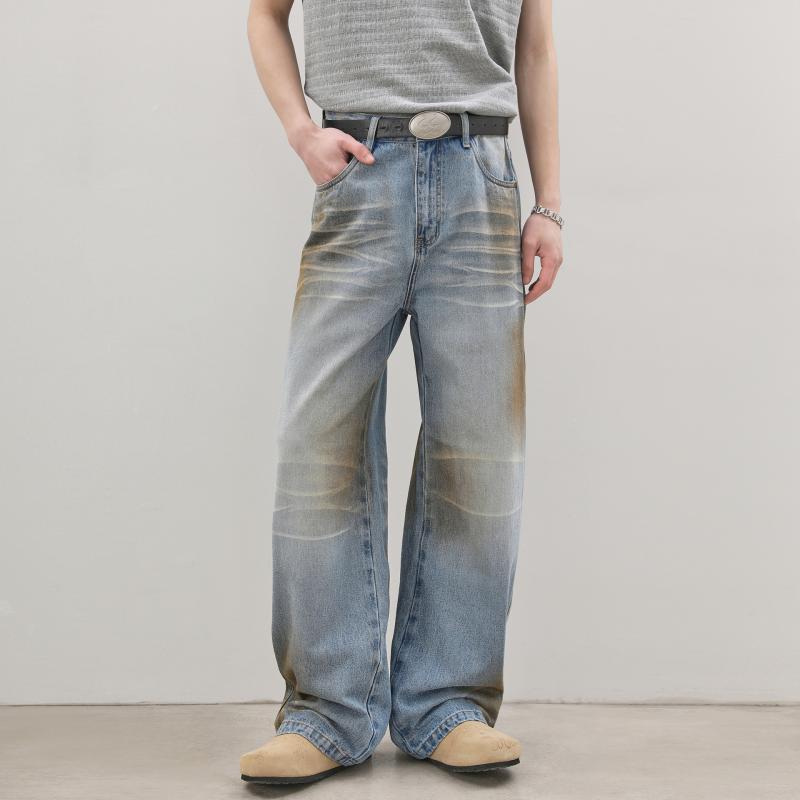 Pants - デニムパンツ メンズ 薄手 ゆったり ワイドシルエット ストレート 春夏 ウォッシュ加工 ユーズド加工 ダーティウォッシュ アメカジ ヴィンテージ ルーズフィット ロング丈 コットン カジュアル