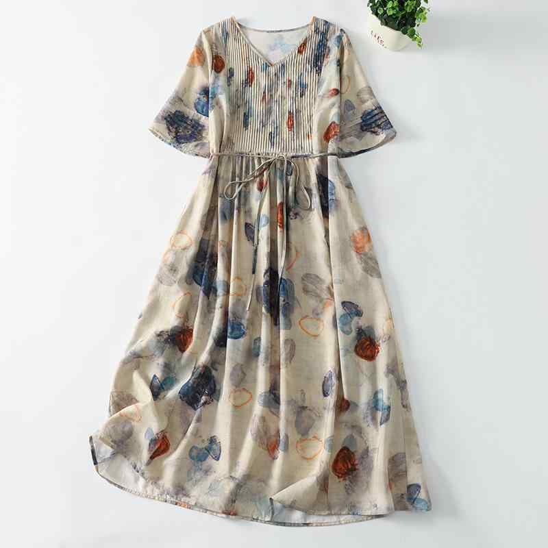 ワンピース 夏 レトロ 民族調 文芸風 綿麻 小花柄 ゆったり 大きいサイズ 体型カバー Vネック 半袖 Aライン ミモレ丈 プルオーバー