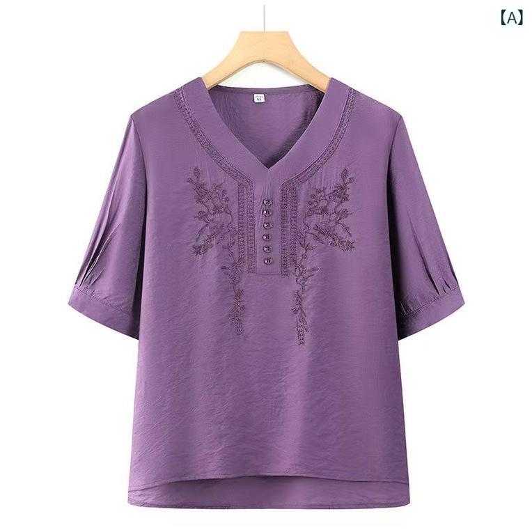 Tシャツ レディース 大きいサイズ 半袖 カットソー Vネック プルオーバー 刺繍 レトロ 花柄 トップス ブラウス 母親 服 ミセス ファッション ゆったり 薄手 涼しい カジュアル 襟なし シャツ