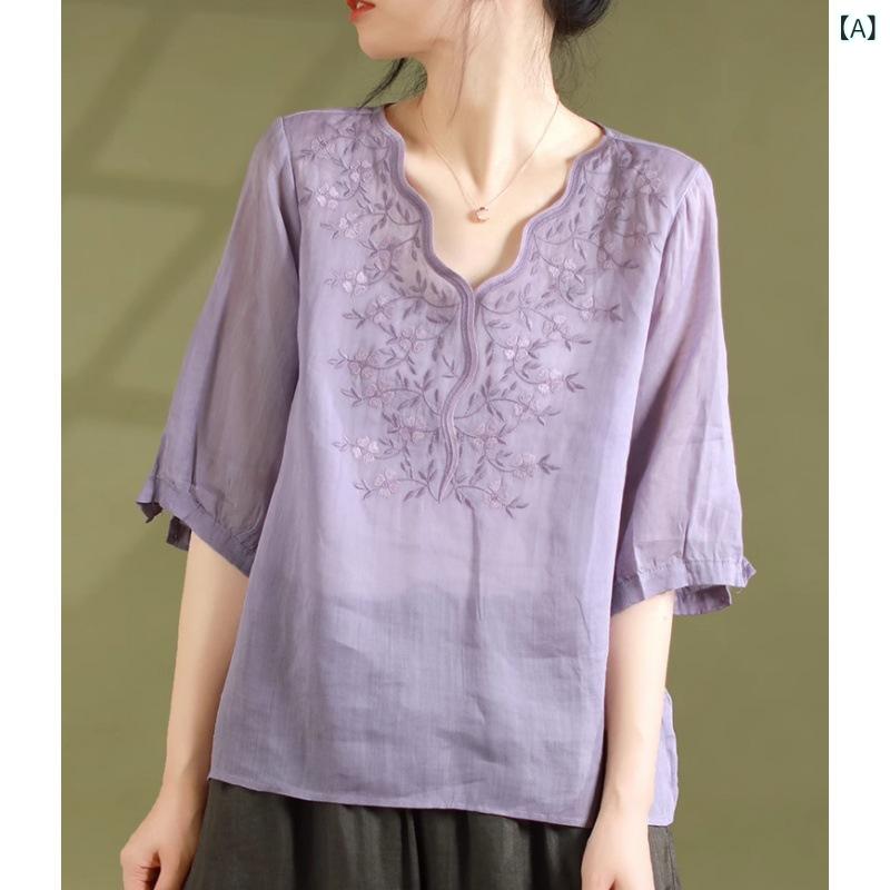 Tシャツ レディース 5分袖 Vネック 刺繡 花柄 チャイナ風 エスニック 綿麻 ゆったり 着痩せ 着回し 通勤 オフィス カジュアル エレガント レトロ クラシカル 上品