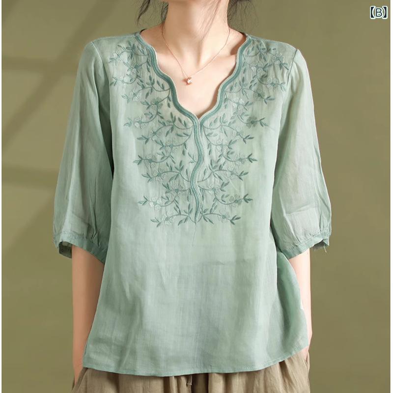 Tシャツ レディース 5分袖 Vネック 刺繡 花柄 チャイナ風 エスニック 綿麻 ゆったり 着痩せ 着回し 通勤 オフィス カジュアル エレガント レトロ クラシカル 上品