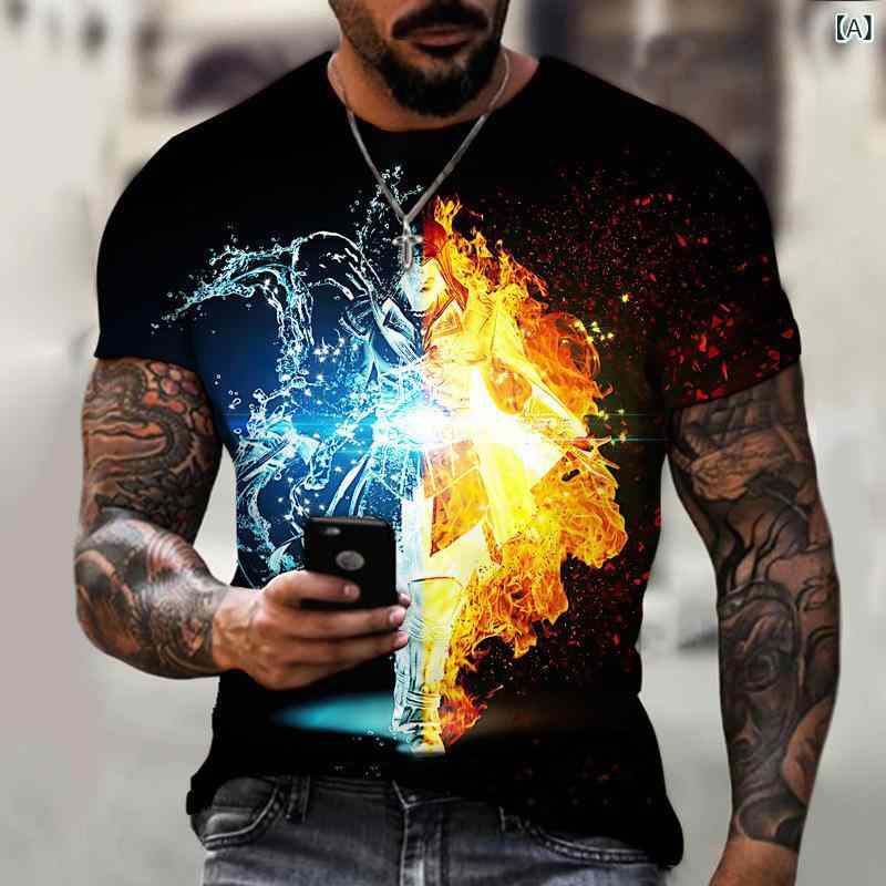 Tシャツ メンズ 3Dリアルプリント 炎柄 ファイヤーパターン ポリエステル 再生繊維 ビッグシルエット ルーズフィット ゆったり 丸首 クルーネック 半袖 春夏 カジュアル ストリートファッション 部屋着 ワンマイルウェア 個性派 デザインの商品画像 2
