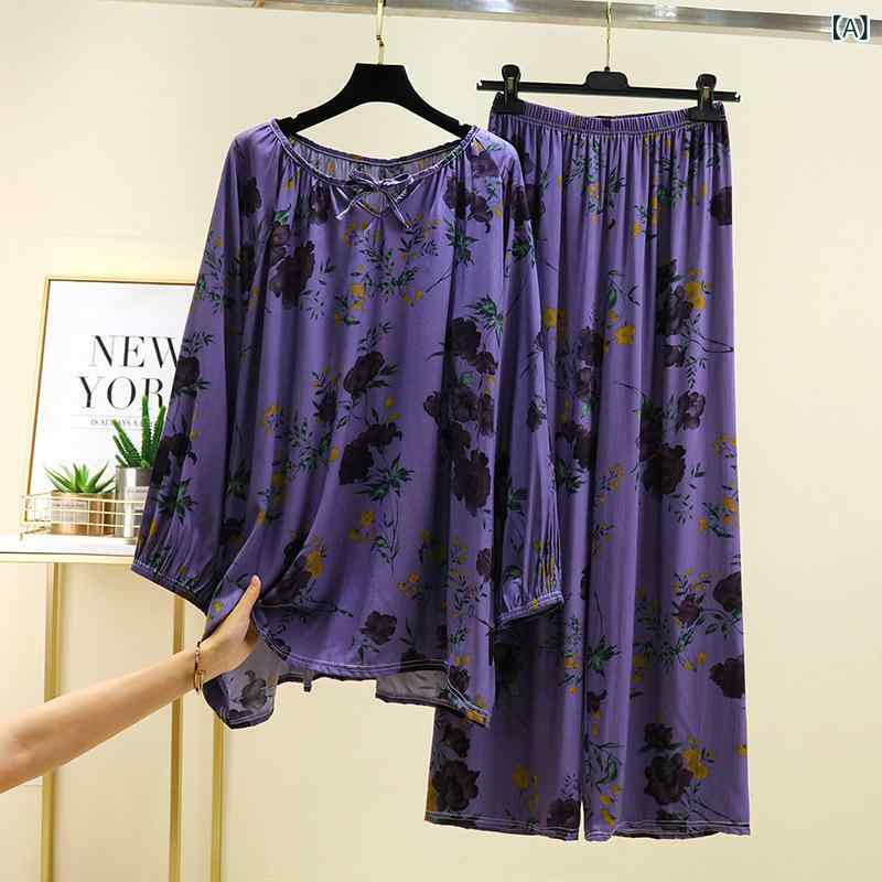 ルームウェア レディース 春夏 綿混 レトロ 花柄 薄手 クルーネック 長袖 Tシャツ ワイドパンツ セットアップ ゆったり 部屋着 寝間着 快適 カジュアル