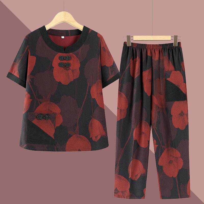 セットアップ レディース ミセス シニア向け 春夏 ゆったり Tシャツ パンツ 花柄 ポケット付き エスニック チャイナ風 プルオーバー ポ..