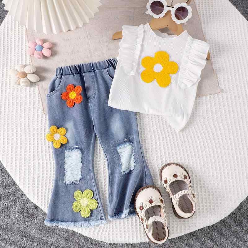 Other - 子供服 女の子 ベビー キッズ 春夏 ノースリーブ フリル アップリケ 花柄 トップス フレア ダメージ加工 デニムパンツ セットアップ 2点セット 綿混 柔らか 肌に優しい 普段着 お出かけ カジュアル