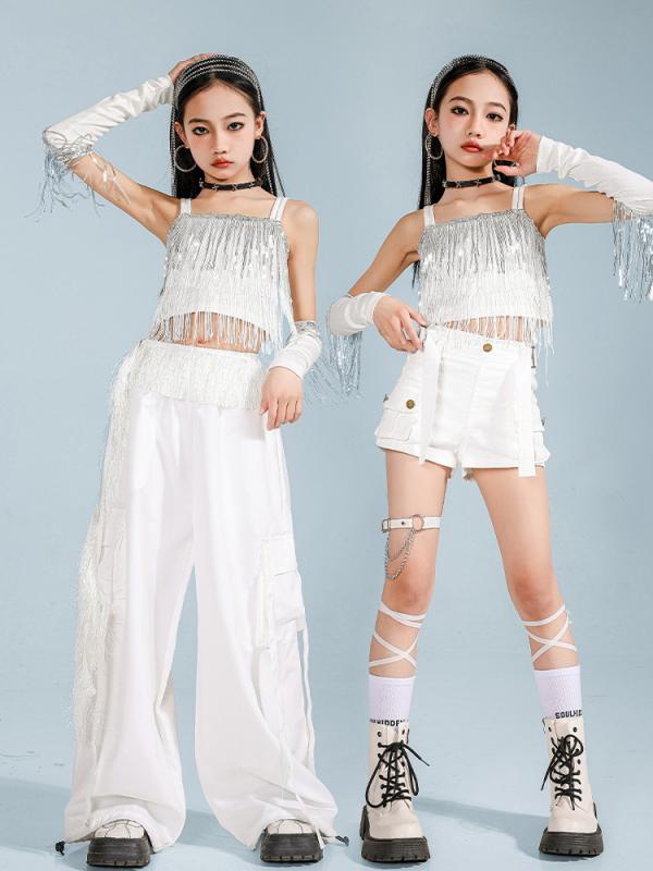 Rakuten - ダンス衣装 ジュニア 女の子 ジャズダンス クロップドトップス ホワイト フリンジ付き コットン セットアップ おしゃれ 発表会 ステージ 春夏