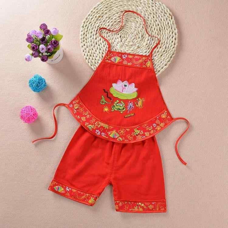 ベビー服 唐装 男女兼用 薄手 柔らかい 刺繍 綿 腹巻き 腹掛け セット 夏物 中国風 1歳誕生日 百日祝い