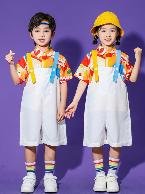 キッズ 男の子 女の子 男女兼用 幼稚園 発表会 ダンス イベント 舞台 衣装 パフォーマンス かわいい 動きやすい コットン シャツ サロペット オーバーオール パンツ セットアップ 中大童向け ゆったりサイズ オレンジハウス柄 ホワイト