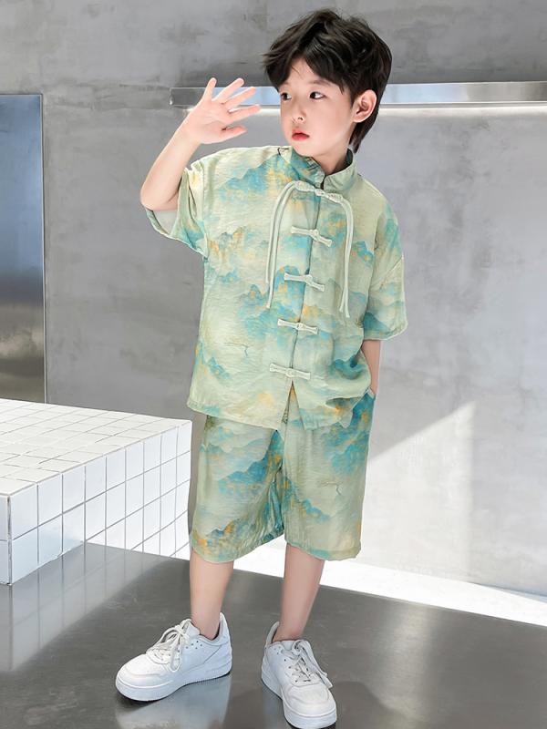 キッズ 男の子 漢服 唐装 中国風 セットアップ 夏用 薄手 半袖 ハーフパンツ 古風 ...