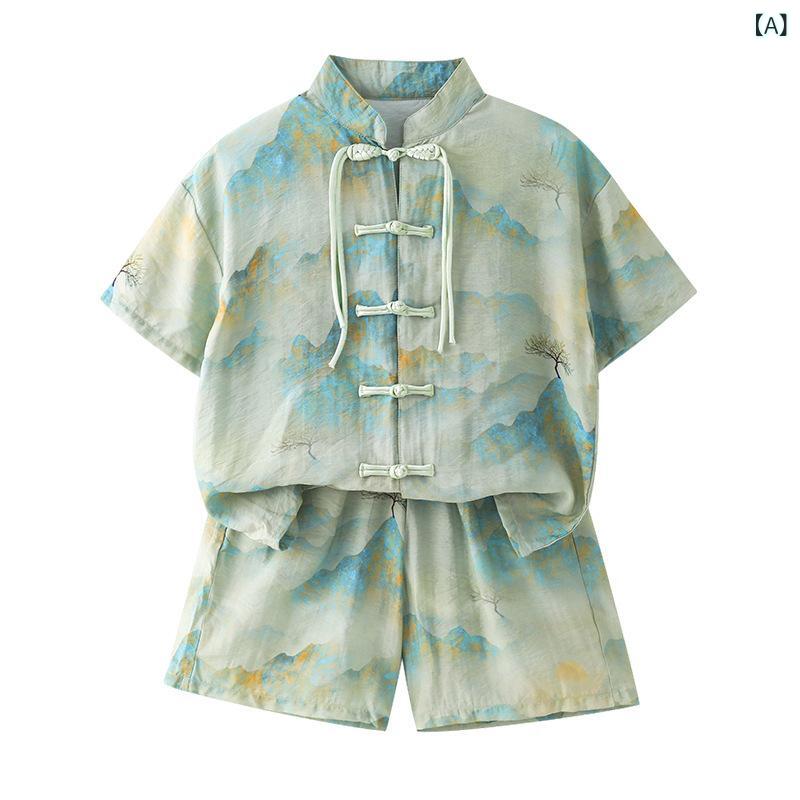 キッズ 男の子 漢服 唐装 中国風 セットアップ 夏用 薄手 半袖 ハーフパンツ 古風 ...