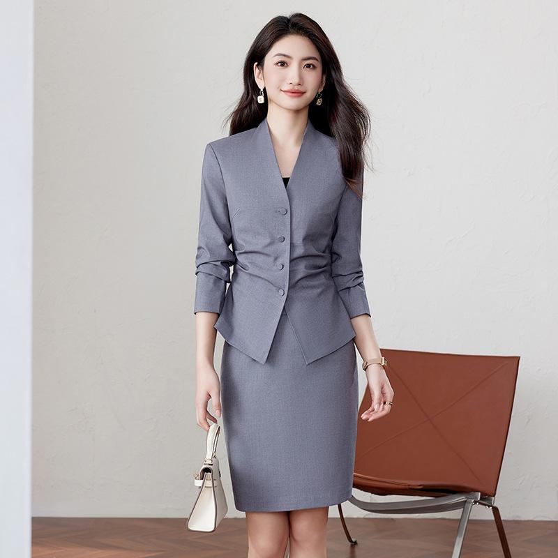 セットアップ レディース グレー テーラードジャケット スカートスーツ ストレッチ 長袖 オフィス ビジネス フォーマル 制服 宝飾店 ホテル受付 通勤 事務服 春秋